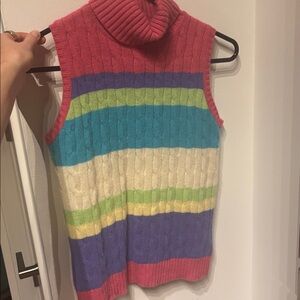 Lord & Taylor Pink Sleeveless Cashmere Turtleneck with Rainbow Stripes